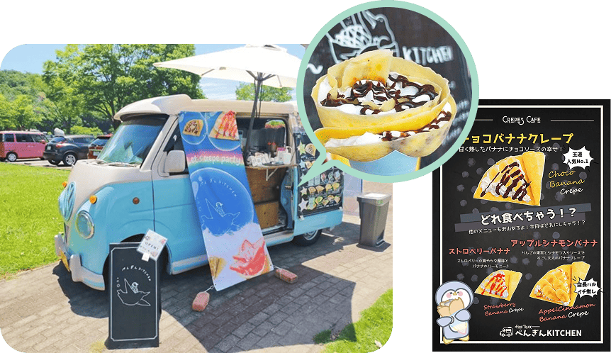キッチンカーと提供されるクレープ